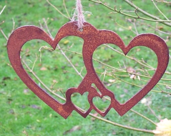 Rusty Metal Group of HEARTS Garden Ornament. Rustic Garden Decor. Metal HEART Garden Decoration. Rusted Steel Garden Art. Birthday Gift Love
