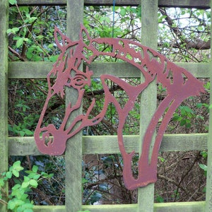 Puede incluir: Una silueta de cabeza de caballo de metal oxidado montada en una valla de madera con enredaderas verdes que crecen a su alrededor.