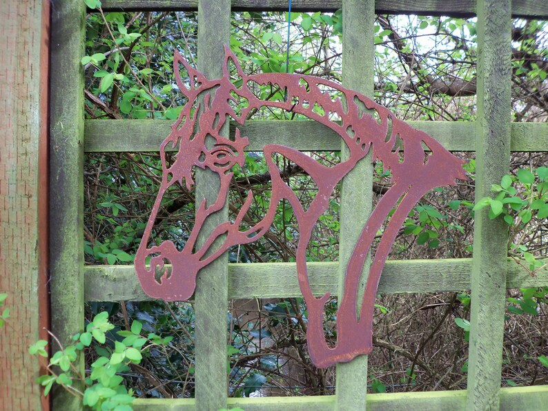 Puede incluir: Una silueta de cabeza de caballo de metal oxidado montada en una valla de madera con enredaderas verdes que crecen a su alrededor.