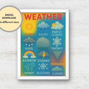 Carte météo de la classe imprimable, carte météo quotidienne pour enfants, activité météorologique préscolaire et école à la maison, maternelle, téléchargement immédiat