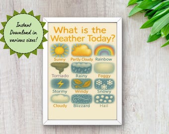 Tabla meteorológica para niños, póster imprimible del tiempo diario, decoración para el hogar y el aula, actividad meteorológica preescolar, descarga instantánea