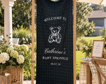 Personalized Plaid Baby Shower Fabric Sign | Teddy Bear Baby Sprinkle Backdrop | Custom Baby Shower Welcome Banner | Boy Shower Decor