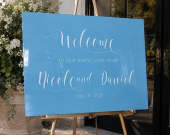Personalized Wedding Welcome Sign Calligraphy Style with Painted Back Acrylic Sign with Brushed Back Happily Ever After Wedding | CARLIN