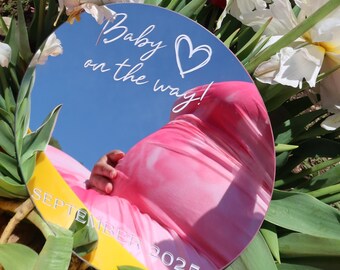 Pregnancy Announcement Photo Prop Baby On The Way Round Mirror For Announcing Baby Due Date Photo Prop For Unique Pregnancy Announcement