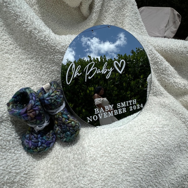 Pregnancy Announcement Photo Prop Oh Baby Round Mirror For Announcing Baby Due Date Photo Prop For Unique Pregnancy Announcement Of New Baby