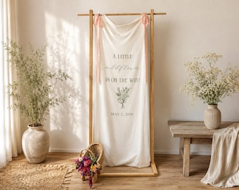 Personalized Baby Shower Fabric Sign | Custom Muslin Backdrop Banner | Wildflower Baby Shower Décor | Neutral Baby Shower Welcome Sign