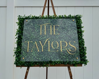 Acrylic Wedding Sign With Faux 3D Greenery | Elegant Wedding Decor | Handcrafted Boxwood Wall| Modern Wedding Greenery Sign