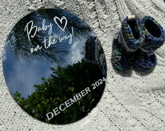 Pregnancy Announcement Photo Prop Baby On The Way Round Mirror For Announcing Baby Due Date Photo Prop For Unique Pregnancy Announcement