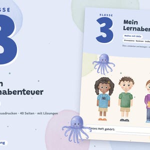 Könnte beinhalten: Ein Mathe-Arbeitsheft für die 3. Klasse mit dem Titel Mein Lernabenteuer, einer großen blauen 3, Illustrationen von zwei violetten Kraken und drei Kindern. Das Cover enthält den Text Mathe mit Okto, Einmaleins, Rechnen, Größen und ein Namensfeld.