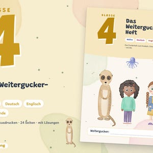 Op de afbeelding: Een educatief werkboek van 24 pagina's genaamd Das Weitergucker-Heft voor groep 6, met een groot cijfer 4, een stokstaartje, een kind met krullend haar, een kind met vlechten, een octopus en een rode panda op een crèmekleurige achtergrond.