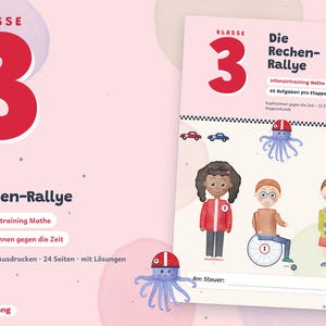 Puede incluir: Un cuaderno de ejercicios de matemáticas en PDF imprimible de 24 páginas titulado Die Rechen-Rallye Klasse 3. La portada presenta un gran número 3 rojo, ilustraciones de tres niños, dos pulpos con cascos rojos y texto informativo.