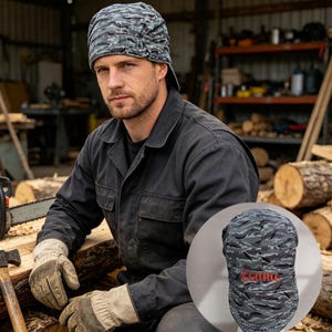 May include: A gray and black camouflage patterned skull cap featuring a gathered back design. The fabric has a textured appearance, and the word "Lonnie" is embroidered in red thread on the back portion of the cap, visible in the circular inset.