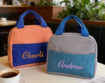 Personalized Name Lunch Bag, Custom Embroidered Corduroy Lunch Box, Insulated School Tote Bag, School Lunch Tote, Back To School Gift