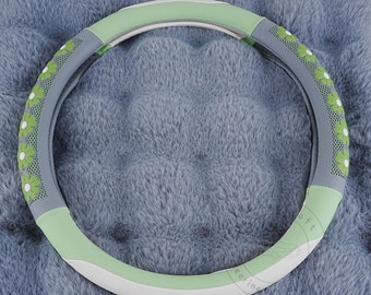 Green Flower Non-slip Steer Wheel Cover, Faux Leather Steer Wheel Cover, Flower Steer Wheel Cover, Breathable Steer Wheel Protector