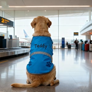 Puede incluir: Un golden retriever con un chaleco azul con el nombre "Teddy" impreso, sentado en un aeropuerto. El chaleco tiene rayas plateadas reflectantes y diseños de huellas de patas. El perro está de espaldas a la cámara, con un avión visible al fondo.