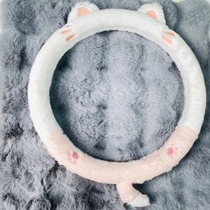 Cartoon Cat Ear Plush Steering Wheel Cover, Plush Embroidered Bear Cat Fluffy Steering Wheel Cover, Warm Wheel Cover, Car Steer Wheel Cover