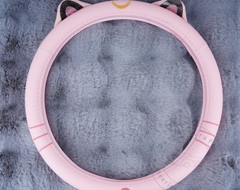 かわいいラインストーンムーン猫耳ステアリングホイールカバー、カスタムテキストスエードPUレザーカーステアリングホイールカバー、装飾ユニバーサル自動車部品