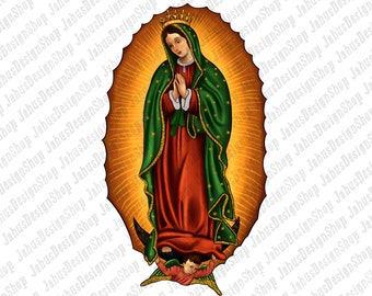 May include: A colorful illustration of the Virgin Mary, depicted in a traditional style, wearing a blue and green robe with a gold crown. She is standing on a crescent moon with an angel kneeling at her feet.