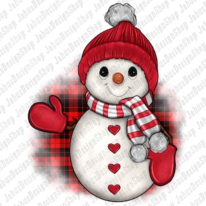 May include: A festive snowman illustration, sporting a red bobble hat, a striped scarf, and red mittens. The snowman has a carrot nose, coal eyes, and a smiling mouth. Red hearts adorn the snowman's body. The background features a red and black plaid pattern.