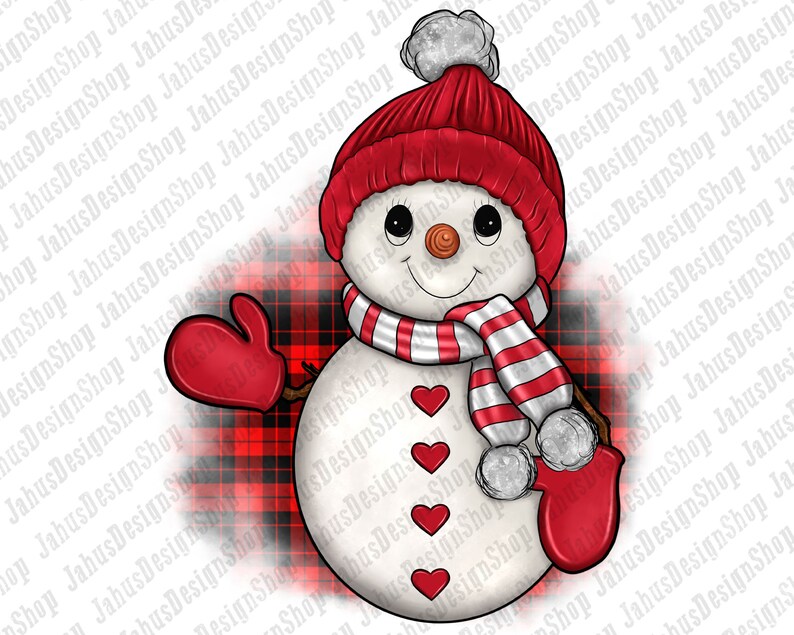 May include: A festive snowman illustration, sporting a red bobble hat, a striped scarf, and red mittens. The snowman has a carrot nose, coal eyes, and a smiling mouth. Red hearts adorn the snowman's body. The background features a red and black plaid pattern.