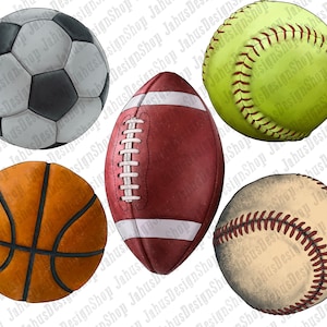May include: Five different sports balls: a black and white football, a brown and orange basketball, a red and white American football, a yellow and white softball, and a beige and brown baseball.