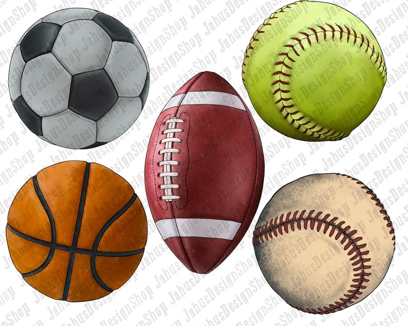 May include: Five different sports balls: a black and white football, a brown and orange basketball, a red and white American football, a yellow and white softball, and a beige and brown baseball.