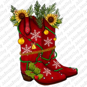 May include: Red cowboy boots decorated with green and gold beads, snowflakes, holly, and ornaments. The boots are adorned with sunflowers and pine branches.