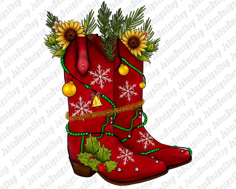 May include: Red cowboy boots decorated with green and gold beads, snowflakes, holly, and ornaments. The boots are adorned with sunflowers and pine branches.