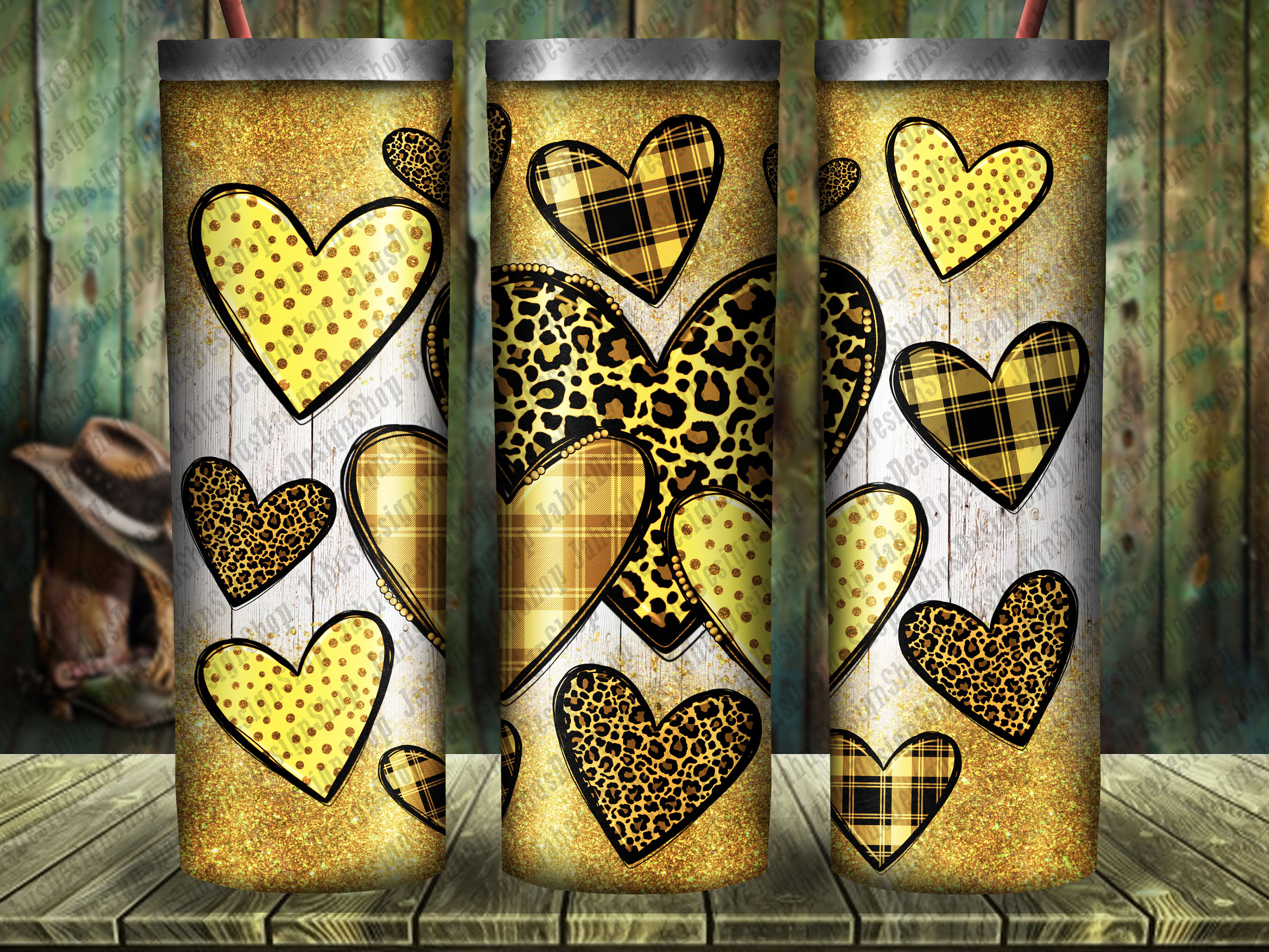 Yellow hearts 20oz skinny tumbler png sublimation design download, glitter tumbler png, western hearts png, sublimate download