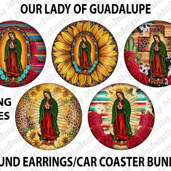 Our Lady of Guadalupe round earrings png sublimation design download, Our Lady Of Guadalupe car coaster png, sublimate designs download