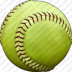 May include: A yellow softball with red stitching. The ball is slightly out of focus.