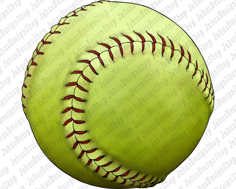 May include: A yellow softball with red stitching. The ball is slightly out of focus.