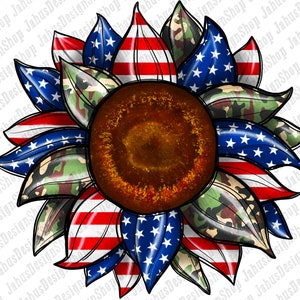 May include: A sunflower with red, white, and blue petals, and a camouflage pattern in the center. The petals are arranged in a circle around the center, and the sunflower is on a white background.