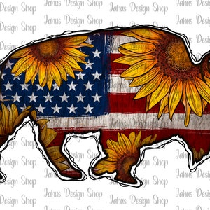 May include: A silhouette of a buffalo with a distressed American flag design. The buffalo is outlined in black and has sunflowers around the edges.