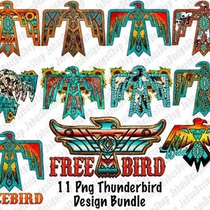 Puede incluir: Un conjunto de 11 imágenes de clipart digital que presentan diseños coloridos de Thunderbird. Cada diseño presenta un pájaro estilizado con patrones geométricos, acentos turquesa y girasoles. El texto "FREE BIRD" y "11 Png Thunderbird Design Bundle" está incluido en la imagen.