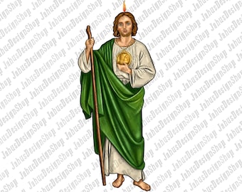 May include: A painting of a saint with a halo and a staff. He is wearing a green robe and holding a golden heart in his hand. The background is white.