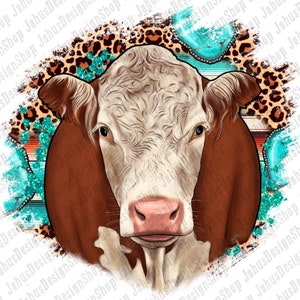 Hereford Cow With Turquoise and Leopard Background Png, Hereford Cow Png, Cow Png, Western Cow Png, Farm Hereford Cow Png , Instant Download