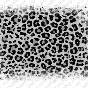 May include: A black and white leopard print pattern with a distressed, vintage look. The background is a light gray with black spots.