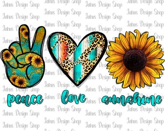Könnte beinhalten: Peace, Love und Sonnenschein Grafikdesign mit einem Peace-Zeichen, einem Herzen und einer Sonnenblume. Das Peace-Zeichen ist türkis mit Sonnenblumen, das Herz ist türkis, orange und braun mit Leopardenmuster, und die Sonnenblume ist gelb mit brauner Mitte.