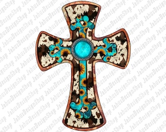 Western Cowhide Gemstone Sunflower Cross Png Sublimation Design Downloads, Cowhide Cross Png, Cross Png, Western Cross Png, Cross Clipart
