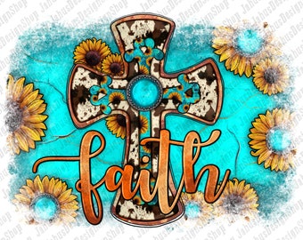 Western Faith Cross Distressed Background Png, Faith Png, Gemstone Cross Png, Cowhide Cross Png, Sunflower Background Png, Instant Download