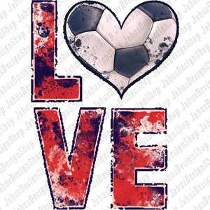 Puede incluir: Gr&aacute;fico rojo, blanco y azul desgastado de la palabra "LOVE" con un bal&oacute;n de f&uacute;tbol en forma de coraz&oacute;n.