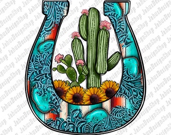 western Cactus Horseshoe Design Png, Western Cactus Png, Horseshoe Png, Cactus Png, Western Png, Turquoise Horseshoe Png, Instant Download