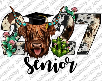 May include: A graphic design featuring a graduation theme. It includes the year "2027" with a cowhide pattern, a Highland cow wearing a graduation cap, cacti, and the word "Senior" in a script font.