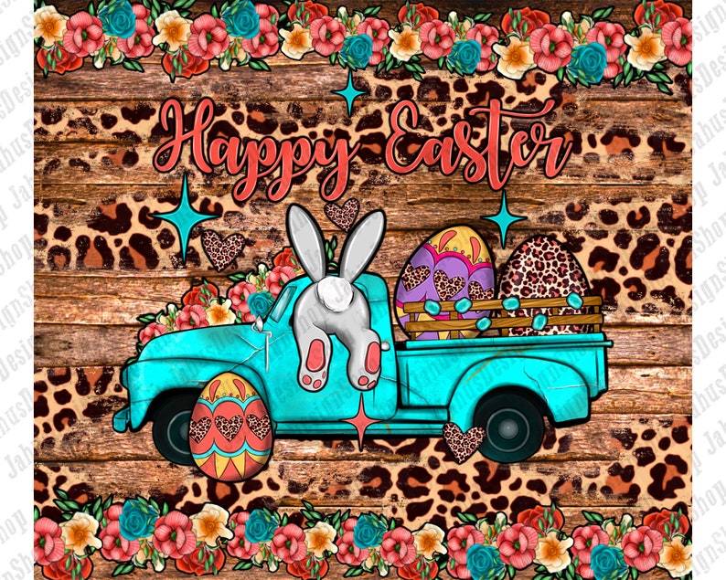 May include: A turquoise pickup truck with a white bunny rabbit in the bed, carrying three Easter eggs. The truck is on a wooden background with a leopard print pattern. The text "Happy Easter" is written in red letters above the truck.