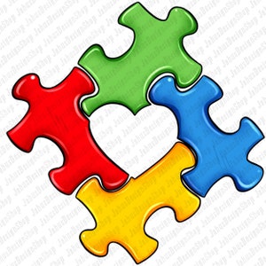 K&ouml;nnte beinhalten: Vier Puzzleteile, rot, gr&uuml;n, blau und gelb, f&uuml;gen sich zu einer Herzform zusammen. Das Herz ist wei&szlig; umrandet.