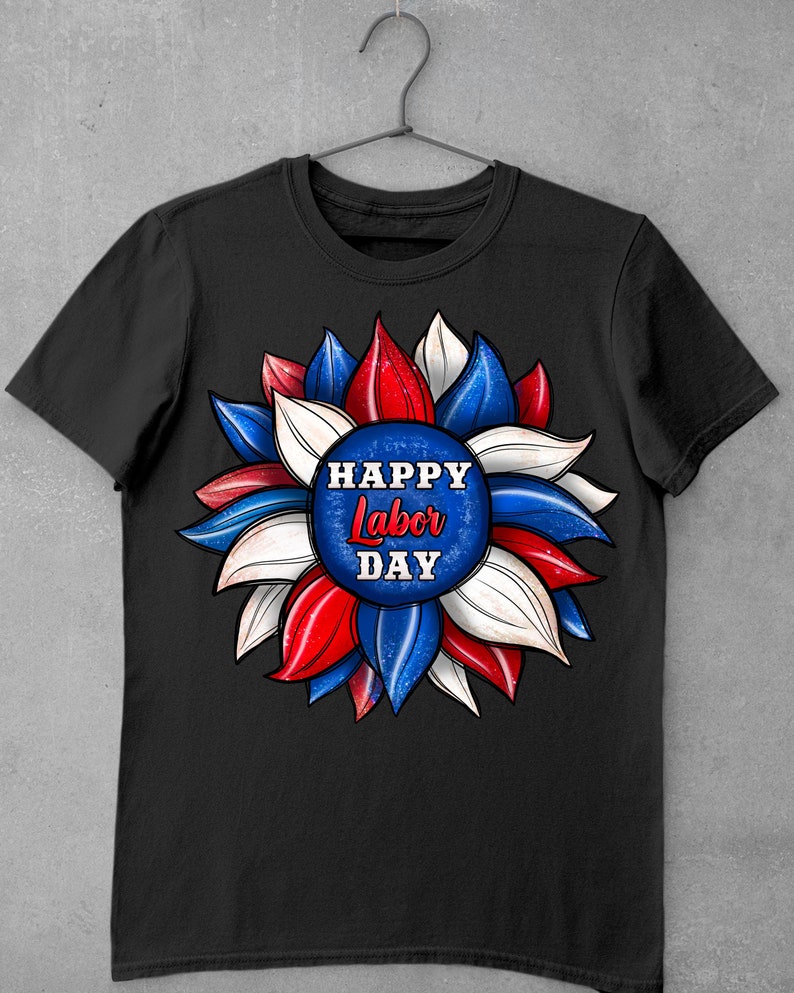 May include: Black t-shirt with a red, white, and blue sunflower design. The sunflower has the text "HAPPY Labor DAY" in the center.