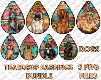 Könnte beinhalten: Fünf tropfenförmige Ohrring-Designs mit verschiedenen Hunderassen. Jeder Ohrring hat einen bunten Hintergrund mit Südwest-Thema. Der Text "DOGS" befindet sich am unteren Rand des Bildes. Der Text "TEARDROP EARRINGS 5 PNG FILES" befindet sich am unteren Rand des Bildes.
