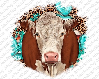 Pode incluir: Um close-up de uma vaca marrom e branca com um nariz rosa. A vaca está cercada por um padrão colorido de turquesa, laranja e marrom.