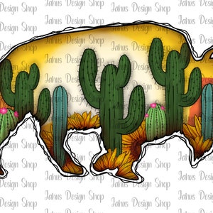 May include: A silhouette of a bison filled with a desert scene. The bison is outlined in black and filled with a yellow, orange, and red sunset. The scene includes green cactus plants, sunflowers, and small pink-flowering cacti.